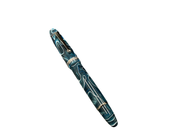 Penlux Masterpiece Grande Blue Swirl Piston Filling Fountain Pen NEW!